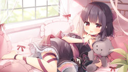 Rule 34 | 1girl, :p, bare shoulders, barefoot, black dress, black hair, blush, closed mouth, commentary request, commission, criss-cross halter, curtains, dress, frilled pillow, frilled thighhighs, frills, grey thighhighs, halterneck, hanamiya natsuka, indie virtual youtuber, indoors, lying, off-shoulder dress, off shoulder, on bed, on side, pillow, red eyes, shadow (vtuber), short sleeves, single thighhigh, skeb commission, smile, solo, stuffed animal, stuffed toy, teddy bear, thighhighs, tongue, tongue out, transparent, virtual youtuber, window, wrist cuffs