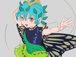 Rule 34 | 1girl, antennae, aqua hair, blush stickers, butterfly wings, chamaruk, dress, eternity larva, fairy, green dress, hair between eyes, insect wings, leaf, leaf on head, multicolored clothes, multicolored dress, open mouth, orange eyes, outstretched arms, short hair, short sleeves, single strap, sketch, smile, solo, spread arms, touhou, upper body, wings
