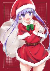 Rule 34 | 1girl, :d, absurdres, belt, christmas, cowboy shot, dress, fur-trimmed dress, fur trim, hat, highres, long hair, looking at viewer, new game!, open mouth, purple eyes, purple hair, red background, red dress, santa costume, santa hat, smile, solo, suzukaze aoba, t.k.c, twintails