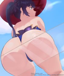 Rule 34 | 1girl, against glass, artist request, ass, ass focus, ass on glass, ass press, bare shoulders, cameltoe, from behind, from below, genshin impact, green eyes, hair ribbon, hat, highres, huge ass, leotard, long hair, looking away, mona (genshin impact), nsfw oa, purple hair, ribbon, shiny skin, sitting, solo, thighs, transparent seat, twintails, very long hair