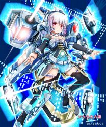 Rule 34 | 1girl, ahoge, akino coto, blue eyes, blue hair, blush, boots, copyright name, detached sleeves, empty eyes, highres, jewelry, matching hair/eyes, mecha musume, mecha shoujo taisen z, ring, short hair, skirt, solo, thigh boots, thighhighs