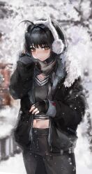 Rule 34 | 1girl, absurdres, ahoge, black gloves, black hair, black jacket, black nails, black shirt, blush, brown eyes, closed mouth, commentary, commentary request, earmuffs, english commentary, fingerless gloves, fingernails, fur-trimmed jacket, fur trim, gloves, grey scarf, highres, irene (kanniiepan), jacket, kanniiepan, long sleeves, looking at viewer, nail polish, navel, original, outdoors, scarf, shirt, short hair, snow, solo