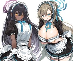 Rule 34 | 2girls, apron, arms under breasts, asuna (blue archive), black dress, black hair, blue archive, blue eyes, blue ribbon, blush, breasts, brown hair, cleavage, dark-skinned female, dark skin, dress, frills, gloves, grin, hair between eyes, hair ribbon, halo, headphones, highres, huge breasts, inuyayo, karin (blue archive), large breasts, long hair, looking at viewer, maid, maid headdress, mole, mole on breast, multiple girls, neck ribbon, neckwear between breasts, pantyhose, ribbon, short sleeves, simple background, sketch, smile, thighhighs, white apron, white background, white gloves, yellow eyes