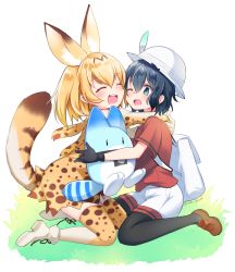 Rule 34 | 10s, 2girls, :d, ;d, ^ ^, animal ears, bag, bare shoulders, black hair, black legwear, blush, closed eyes, elbow gloves, full body, gloves, grass, happy, hat, hat feather, hug, kaban (kemono friends), kemono friends, lucky beast (kemono friends), moca blanc, multiple girls, one eye closed, open mouth, pantyhose, seiza, serval (kemono friends), serval print, serval tail, shirt, shoes, short hair, short sleeves, shorts, simple background, sitting, sleeveless, smile, tail, teeth, thighhighs, twitter username, white background, |d