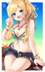 Rule 34 | 1girl, :d, arm support, bare shoulders, belt, bikini, blonde hair, blue eyes, blue shorts, bracelet, breasts, cleavage, denim, denim shorts, e-co, front-tie bikini top, front-tie top, halterneck, hand up, highleg, highleg bikini, idolmaster, idolmaster cinderella girls, jewelry, large breasts, long hair, looking at viewer, multicolored bikini, multicolored clothes, navel, necklace, ohtsuki yui, open fly, open mouth, short shorts, shorts, sitting, smile, solo, stomach, strap gap, string bikini, striped bikini, striped clothes, swimsuit, thighs, v, wavy hair