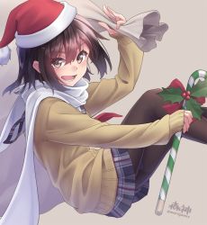 Rule 34 | &gt;:d, 10s, 1girl, :d, alternate costume, artist name, beige background, black pantyhose, blazer, blue skirt, brown eyes, brown hair, buttons, candy, candy cane, food, hair between eyes, hat, holding, holding candy, holding candy cane, holding food, holly, invisible chair, jacket, kantai collection, leaning back, leg up, long sleeves, looking at viewer, matching hair/eyes, miniskirt, mistletoe, morigami (morigami no yashiro), neckerchief, open mouth, pantyhose, plaid, plaid skirt, red hat, sack, santa hat, scarf, sendai (kancolle), simple background, sitting, skirt, smile, solo, sweets, twitter username, v-shaped eyebrows, white scarf