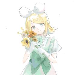 Rule 34 | 1girl, blonde hair, blue eyes, bow, bowtie, buttons, center frills, chinese commentary, closed mouth, commentary request, cowboy shot, dress, eyelashes, flower, frilled dress, frills, gloves, green bow, green bowtie, green dress, hair bow, happy, highres, holding, holding flower, kagamine rin, looking at viewer, puffy short sleeves, puffy sleeves, shenhai five, shirt, short hair, short sleeves, simple background, sleeveless, sleeveless dress, smile, solo, sunflower, vocaloid, waist bow, white background, white bow, white gloves, white shirt, white sleeves, yellow flower