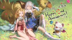 Rule 34 | 2girls, anniversary, bare shoulders, blonde hair, blue cape, blue dress, bright pupils, brown eyes, buttons, cape, character request, chocobo, creature, double-breasted, dress, elbow gloves, final fantasy, final fantasy brave exvius, glaciela wezette, gloves, grass, grey hair, grin, hand up, high heels, highres, long hair, looking at viewer, multiple girls, pelvic curtain, pink dress, pink footwear, purple eyes, red sash, saddle, sash, shoes, smile, v, vofan, war of the visions: final fantasy brave exvius, white gloves, white pupils