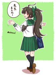 Rule 34 | 1girl, alternate costume, backpack, bag, bird wings, black hair, black socks, black wings, blue bag, blush, bow, collared shirt, female focus, from behind, full body, green background, green bow, green skirt, hair bow, highres, long hair, long sleeves, looking at viewer, looking back, open mouth, pleated skirt, ponytail, red eyes, reiuji utsuho, school uniform, serafuku, shirt, shitacemayo, shoes, simple background, skirt, socks, solo, touhou, translated, waving, white shirt, wings