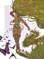 Rule 34 | 1girl, arm up, ass, back, backboob, barefoot, breasts, bug, butterfly, closed eyes, commentary, daisy, dark-skinned female, dark skin, dryad, english commentary, flower, from behind, full body, grass, green hair, hand in own hair, insect, leaf, long hair, mature female, medium breasts, nature, nude, original, pink flower, plant, red flower, red tulip, rocktopus64, smile, solo, standing, tiptoes, too many, too many butterflies, tulip, twitter username, very long hair, white flower