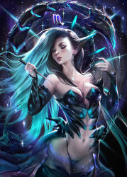 Rule 34 | 1girl, absurdres, arthropod girl, artist name, bare shoulders, black hair, black nails, blue hair, bodysuit, breasts, cleavage, closed eyes, cowboy shot, dagger, detached sleeves, highres, holding, holding weapon, horoscope, knife, lips, long hair, long sleeves, multicolored hair, nail polish, navel, original, parted lips, pointy ears, sakimichan, scorpio symbol, scorpion, scorpion girl, scorpion tail, signature, solo, standing, stomach, tail, two-tone hair, very long hair, weapon, zodiac
