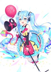 Rule 34 | 1girl, 39, :d, absurdres, ahoge, balloon, bare shoulders, black thighhighs, blue bow, blue eyes, blue skirt, blush, bow, commentary request, detached sleeves, hair between eyes, hair bow, hair ornament, hatsune miku, highres, holding, long hair, long sleeves, looking at viewer, magical mirai miku, magical mirai miku (2018), megaphone, open mouth, over-kneehighs, pink bow, puffy long sleeves, puffy sleeves, reel (riru), shirt, skirt, sleeveless, sleeveless shirt, sleeves past wrists, smile, solo, teeth, thighhighs, upper teeth only, very long hair, vocaloid, white bow, white shirt, yellow bow