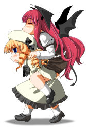 Rule 34 | 2girls, :o, = =, armband, bat wings, blonde hair, blue eyes, blush, bow, carrying, chibi, closed eyes, commentary request, demon tail, dress, dress shirt, drill hair, e-kingdom, frills, hat, hat bow, head wings, highres, juliet sleeves, koakuma, loafers, long hair, long sleeves, luna child, multiple girls, no mouth, open mouth, piggyback, puffy sleeves, quad drills, red hair, shirt, shoes, sidelocks, simple background, skirt, skirt set, socks, sunny milk, tail, touhou, very long hair, vest, walking, white background, white dress, white shirt, wings