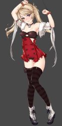 Rule 34 | 1girl, arms up, bad id, bad twitter id, bare shoulders, bdsm, black bra, black panties, blonde hair, bondage, bound, bra, breasts, choker, cuffs, detached sleeves, grey background, high heels, highres, knees together feet apart, long hair, lynn (mabinogi), mabinogi, mabinogi heroes, panties, patterned legwear, purple eyes, restrained, simple background, small breasts, solo, striped clothes, striped thighhighs, tama (tamatamo), thigh strap, thighhighs, torn clothes, twintails, underwear