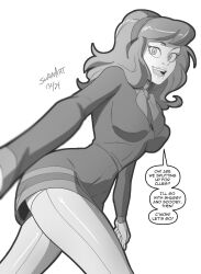 Rule 34 | 1girl, artist name, breasts, cleavage, commentary, daphne ann blake, dated, english commentary, english text, greyscale, highres, looking at viewer, looking back, medium breasts, monochrome, open mouth, scooby-doo, simple background, smile, solo, standing, swain (artist), white background