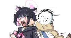 1boy 1girl black_choker black_hair black_horns blue_archive blush choker colored_inner_hair doodle_sensei_(blue_archive) eating food green_sailor_collar hands_on_another&#039;s_cheeks hands_on_another&#039;s_face horns kazusa_(blue_archive) macaron multicolored_hair neckerchief pink_eyes pink_hair pink_neckerchief sailor_collar sensei_(blue_archive) short_hair signature surprised tada_no_saitou uvula