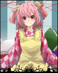 Rule 34 | 1girl, apron, bell, book, character name, checkered clothes, checkered shirt, clothes writing, female focus, hair bell, hair ornament, jingle bell, long sleeves, looking at viewer, motoori kosuzu, pink hair, red eyes, shigure rin, shirt, short hair, smile, solo, touhou, twintails, two side up, wide sleeves