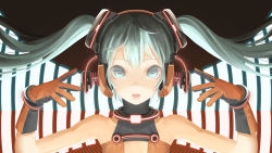 Rule 34 | 1girl, bad id, bad pixiv id, floating hair, gloves, green eyes, green hair, hatsune miku, headphones, highres, long hair, matching hair/eyes, open mouth, solo, throtem, twintails, vocaloid