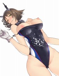 Rule 34 | 10s, 1girl, alternate costume, bare legs, bare shoulders, blush, breasts, breasts out, brown hair, collar, commentary request, competition swimsuit, cum, cum on body, cum on clothes, cum on lower body, eyebrows, ginga ryuusei, gingami (giluziru), gloves, green eyes, headgear, impossible clothes, impossible swimsuit, kantai collection, large breasts, looking at viewer, lying, mutsu (kancolle), navel, nipples, on back, one-piece swimsuit, shiny clothes, shiny skin, short hair, simple background, smile, solo, swimsuit, thighs, white background, white gloves