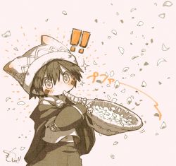 Rule 34 | 1boy, animal hat, bandam, blowing, blush, cat hat, child, cloak, commentary request, cowboy shot, falling petals, hair between eyes, hat, highres, holding, holding instrument, horn (instrument), instrument, made in abyss, male focus, mechanical arms, midriff peek, monochrome, pants, petals, pointy ears, regu (made in abyss), sepia, shirt, short hair, signature, slit pupils, solo, sound effects, sparkle, thick eyebrows, v-shaped eyebrows