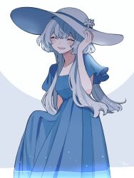Rule 34 | 1girl, blush, blush stickers, closed eyes, dress, facing viewer, flower, hand up, hat, hat flower, long hair, maco22, open mouth, original, short sleeves, skirt hold, smile, solo, sun hat, very long hair, white hair, wide brim