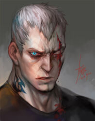 Rule 34 | 1boy, adam&#039;s apple, blood, bloody tears, bryan fury, double chin, frown, looking at viewer, male focus, mature male, neck tattoo, portrait, serious, shirt, short hair, sideburns, solo, t-shirt, tattoo, tekken, veiny face, white hair, yi lee