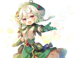 Rule 34 | 1girl, :d, blush, breasts, character name, dot nose, gloves, green gloves, green hair, green hat, green necktie, green skirt, hat, looking at viewer, made in abyss, medium breasts, multicolored hair, necktie, open mouth, outstretched arm, pouch, prushka, red eyes, shirt, skirt, smile, solo, standing, streaked hair, toosaka asagi, two-tone hair, white hair, white shirt