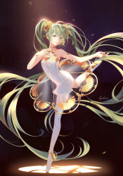 Rule 34 | 1girl, absurdly long hair, armlet, artist name, backlighting, ballet, ballet slippers, bare arms, bracelet, chest tattoo, cupping hand, dancing, dark background, darkness, dress, eyelashes, flat chest, floating hair, full body, glint, glowing, gold trim, green eyes, green hair, hand on own chest, hatsune miku, headphones, highres, jewelry, koichame, leg up, lens flare, light particles, long hair, looking at viewer, miku symphony (vocaloid), neck ribbon, neck ring, number tattoo, outstretched hand, parted lips, ribbon, see-through, see-through dress, serious, shadow, shoe soles, short dress, single thighhigh, solo, spotlight, standing, standing on one leg, strapless, strapless dress, tattoo, thighhighs, tiptoes, tsurime, twintails, very long hair, vocaloid, white dress, white footwear, white thighhighs, zettai ryouiki