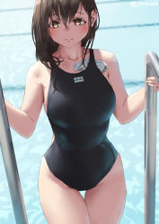 Rule 34 | 1girl, aya (jonsun), black one-piece swimsuit, breasts, brown hair, closed mouth, collarbone, commentary request, competition swimsuit, hair between eyes, jonsun, large breasts, looking at viewer, medium hair, one-piece swimsuit, original, pool, smile, solo, swimsuit, thigh gap, thighs, twitter username, water, wet, wet hair