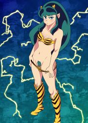 Rule 34 | 1girl, 2020, abstract background, animal print, bikini, boots, breasts, cleavage, electricity, green hair, highres, horns, long hair, lum, navel, oni, pointy ears, pubic hair, pulled by self, pussy, small breasts, solo, standing, suwafro, swimsuit, tiger print, urusei yatsura