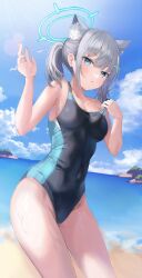 Rule 34 | 1girl, absurdres, animal ear fluff, animal ears, beach, blue archive, blue eyes, blue halo, blue sky, blurry, blurry background, breasts, cloud, collarbone, competition swimsuit, covered navel, cross hair ornament, day, grey hair, hair ornament, halo, hand up, highres, horizon, looking at viewer, medium breasts, off shoulder, official alternate costume, one-piece swimsuit, outdoors, ri yonn, shiroko (blue archive), shiroko (swimsuit) (blue archive), short hair, sky, solo, swimsuit, thighs, twintails