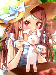 Rule 34 | 1girl, absurdres, bare shoulders, blue dress, blue ribbon, blurry, blurry background, blush, box, breasts, brown eyes, brown hair, day, depth of field, dress, gift, gift box, grass, hair over shoulder, hands up, hat, hat ribbon, highres, holding, holding stuffed toy, idolmaster, idolmaster (classic), idolmaster million live!, idolmaster million live! theater days, lens flare, long hair, looking at viewer, minase iori, motion lines, nira (vira), outdoors, parted lips, ribbon, round table, sleeveless, sleeveless dress, small breasts, solo, speech bubble, straw hat, stuffed animal, stuffed rabbit, stuffed toy, sunlight, table, translated, tree, upper body, usa-chan (idolmaster), wooden table