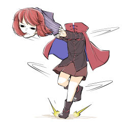 Rule 34 | 1girl, black eyes, black footwear, black sleeves, black vest, boots, bow, cape, closed mouth, commentary request, hair bow, highres, holding, holding bow (ornament), launching, long sleeves, peroponesosu., purple bow, red cape, red hair, red skirt, ribbon-trimmed sleeves, ribbon-trimmed vest, ribbon trim, sekibanki, short hair, simple background, skirt, solo, spinning, touhou, vest, white background