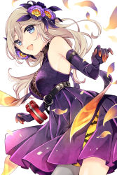 Rule 34 | 1girl, :d, absurdres, alisa ilinichina amiella, bare shoulders, belt, black belt, blue eyes, bracer, breasts, cleavage, commentary, cowboy shot, dress, elbow gloves, flower, gloves, god eater, god eater resonant ops, grey thighhighs, hair between eyes, hair flower, hair ornament, highres, io (1033k), large breasts, long hair, looking at viewer, official alternate costume, open mouth, pleated dress, purple dress, purple gloves, see-through, see-through cleavage, sidelocks, silver hair, simple background, single thighhigh, sleeveless, sleeveless dress, smile, solo, standing, thighhighs, underbust, white background