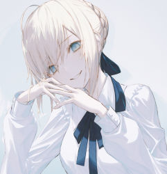 Rule 34 | 1girl, ahoge, artoria pendragon (all), artoria pendragon (fate), blonde hair, blue eyes, blue ribbon, blush, braid, breasts, commentary request, fate/stay night, fate (series), grey background, hair between eyes, hair ribbon, head tilt, own hands clasped, own hands together, parted lips, ribbon, saber (fate), shirt, short hair, sidelocks, simple background, small breasts, smile, solo, upper body, wanke, white shirt