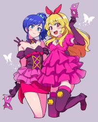 Rule 34 | 2girls, :d, aikatsu!, aikatsu! (series), barefoot, blonde hair, blue eyes, blue hair, blue scrunchie, boots, bow, breasts, bug, butterfly, choker, cleavage, closed mouth, commentary, corset, cosplay, cowboy shot, cropped legs, detached collar, detached sleeves, dress, elbow gloves, frilled dress, frills, gem, gloves, grey background, hair bow, hairband, hand on another&#039;s shoulder, holding, holding mask, hoshimiya ichigo, hoshimiya ringo (aikatsu!), hoshimiya ringo (aikatsu!) (cosplay), idol, bug, kiriya aoi, leg up, long hair, looking at viewer, mask, unworn mask, mitsuishi orihime, mitsuishi orihime (cosplay), multiple girls, open mouth, pink dress, pink legwear, pom pom (clothes), purple dress, purple footwear, purple gloves, red bow, red eyes, red hairband, scrunchie, side ponytail, simple background, smile, sparkle, strapless, strapless dress, thigh boots, thighhighs, two-tone dress, v, yoban