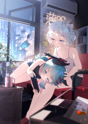 Rule 34 | 2girls, absurdres, air conditioner, animal ear fluff, animal ears, blue eyes, blue hair, blunt bangs, blush, book, bow, box, braid, breasts, camisole, cardboard box, cat ears, cat girl, character request, check copyright, cleavage, commentary request, copyright request, couch, cup, desk, facing viewer, hair bow, hand on another&#039;s head, handheld game console, highres, hoji (hooooooooji1029), holding, holding handheld game console, indoors, long hair, lying on lap, mouse (animal), mug, multiple girls, neon lights, nintendo switch, playing games, ponytail, red bow, short hair, shorts, sidelocks, sinsekai studio, sitting, small breasts, valis (sinsekai), white hair, window