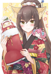 Rule 34 | ^ ^, a (show by rock!!), animal ear fluff, animal ears, blush, border, brown hair, christmas stocking, closed eyes, darudayu (show by rock!!), daruma doll, floral print, fox ears, hair ornament, hair stick, hands up, high ponytail, highres, holding, japanese clothes, kimono, lace-trimmed collar, lace trim, long hair, looking at viewer, mikan tabetai, mini person, minigirl, multicolored clothes, multicolored kimono, obi, outside border, person on shoulder, pink hair, sash, show by rock!!, size difference, smile, un (show by rock!!), upper body, white border, wide sleeves, yellow background, yellow eyes