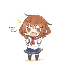 Rule 34 | anchor symbol, black thighhighs, blue sailor collar, blue skirt, brown hair, chibi, commentary request, fang, full body, hair ornament, hairclip, hands on own hips, ikazuchi (kancolle), kantai collection, karin., looking at viewer, neckerchief, pleated skirt, red neckerchief, sailor collar, school uniform, serafuku, short hair, simple background, skin fang, skirt, thighhighs, white background