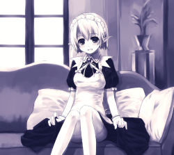 Rule 34 | 1girl, elf, maid, monochrome, open mouth, original, pointy ears, refeia, short hair, sitting, solo