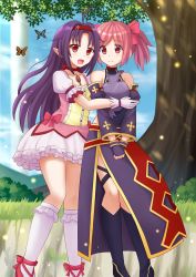 Rule 34 | 2girls, :d, ahoge, amulet, armor, bare shoulders, blush, breastplate, breasts, bug, butterfly, cosplay, costume switch, crossover, day, dress, fingerless gloves, gloves, hair between eyes, hair ribbon, headband, highres, hug, insect, kaname madoka, kazenokaze, konno yuuki (sao), long hair, looking at viewer, mahou shoujo madoka magica, mahou shoujo madoka magica (anime), multiple girls, open mouth, outdoors, pink eyes, pink hair, pointy ears, purple hair, red eyes, ribbon, short hair, small breasts, smile, sword art online, tree, twintails, voice actor connection, yuuki (sao), yuuki aoi