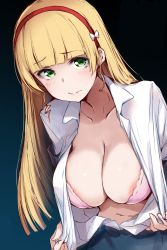 Rule 34 | 1girl, absurdres, areola slip, artist request, blonde hair, bra, breasts, character request, cleavage, green eyes, highres, large breasts, leaning forward, long hair, looking at viewer, navel, open mouth, pink bra, school uniform, underwear