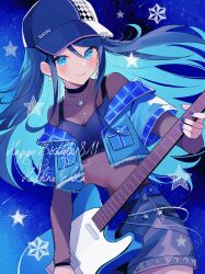 Rule 34 | 1girl, absurdres, baseball cap, blue eyes, blue hair, blue nails, character name, closed mouth, commentary request, cowboy shot, dated, electric guitar, fingernails, guitar, happy birthday, hat, highres, holding, holding instrument, hoshino ichika (project sekai), hrn ohana, instrument, jewelry, layered sleeves, long hair, long sleeves, looking at viewer, necklace, official alternate costume, project sekai, short over long sleeves, short sleeves, shorts, smile, solo, star (symbol), tsunagu hoshi no uta (project sekai)