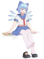 Rule 34 | 1girl, absurdres, black footwear, blue bow, blue eyes, blue hair, blue skirt, blue wings, bow, cirno, commentary request, feet, hair bow, highres, ice, ice wings, littiecy, notebook, pantyhose, pencil, school uniform, shirt, shoes, single shoe, skirt, smile, solo, toes, touhou, white background, white pantyhose, white shirt, wings