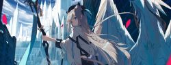 Rule 34 | 1girl, animal ears, blue eyes, blue sky, braid, castle, closed mouth, day, dragon, fox ears, from behind, grey hair, highres, holding, holding staff, jacket, long hair, looking at viewer, looking back, nagishiro mito, original, outdoors, sky, smile, staff, white jacket