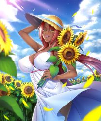 Rule 34 | 1girl, blue sky, breasts, cleavage, cloud, curvy, dark-skinned female, dark skin, day, dress, female focus, flower, hat, highres, ingrid (taimanin asagi), kagami hirotaka, large breasts, lilith-soft, long hair, looking at viewer, mole, mole under mouth, no bra, outdoors, parted lips, pink hair, shiny skin, sky, smile, solo, standing, straw hat, sundress, sunflower, taimanin (series), taimanin asagi, taimanin asagi kessen arena, wind, yellow eyes