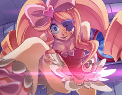 Rule 34 | 10s, 1girl, amputee, armless amputee, big hair, blonde hair, blood, blood on face, blue eyes, bow, breasts, cleavage, crazy eyes, crazy smile, double amputee, dress, drill hair, eyepatch, foreshortening, hair bow, harime nui, heart, kill la kill, large areolae, long hair, no arms, pink bow, smile, solo, spoilers, strapless, strapless dress, twin drills, twintails, yosui