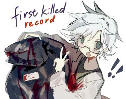 Rule 34 | 1boy, aqua eyes, blood, blood on clothes, blush stickers, chinese commentary, commentary request, english text, glasses, green shirt, hand up, highres, kanou aogu, lab coat, long sleeves, luminaxiaojiekeai, male focus, open mouth, rectangular eyewear, saibou shinkyoku, semi-rimless eyewear, shirt, short hair, simple background, sketch, smile, solo, v, white background, white hair