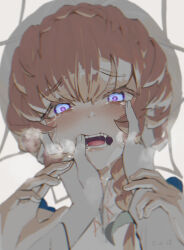 Rule 34 | 1girl, 1other, absurdres, blue eyes, blush, braid, close-up, commentary request, crown braid, crying, crying with eyes open, e ixion, fangs, fate/grand order, fate (series), finger in another&#039;s mouth, grabbing another&#039;s chin, hand on another&#039;s chin, hands on another&#039;s face, hat, heavy breathing, highres, ibispaint (medium), looking at viewer, open mouth, orange hair, pov, pov hands, saliva, side braid, solo focus, straw hat, tears, teeth, tongue, van gogh (fate)
