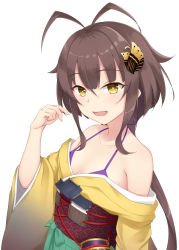 Rule 34 | 1girl, :d, antenna hair, bra, breasts, brown hair, cleavage, edoshiyakata (oshiro project), hair ornament, long hair, looking at viewer, low-tied long hair, midoriyama soma, off shoulder, open mouth, oshiro project:re, oshiro project:re, purple bra, sidelocks, simple background, small breasts, smile, solo, underwear, upper body, white background, yellow eyes